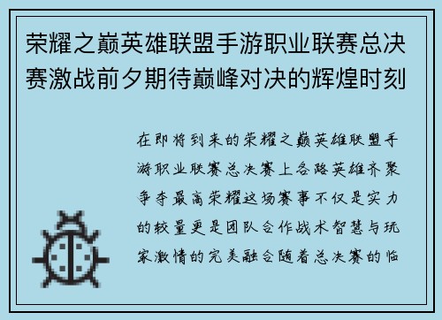 荣耀之巅英雄联盟手游职业联赛总决赛激战前夕期待巅峰对决的辉煌时刻